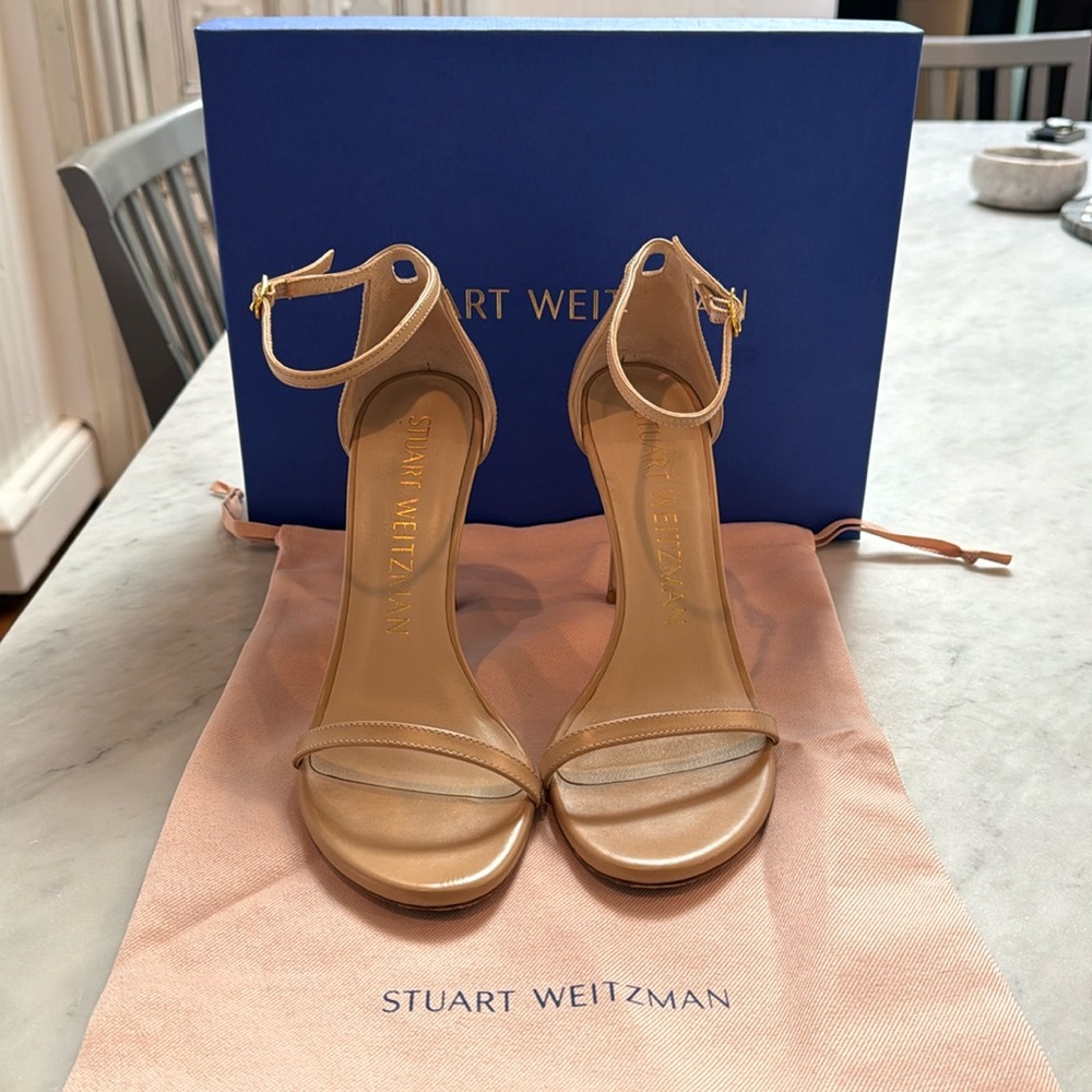US 7/ EU 37.5- Nude Stuart Weitzman Nudistong Sandal- 4.1” heel